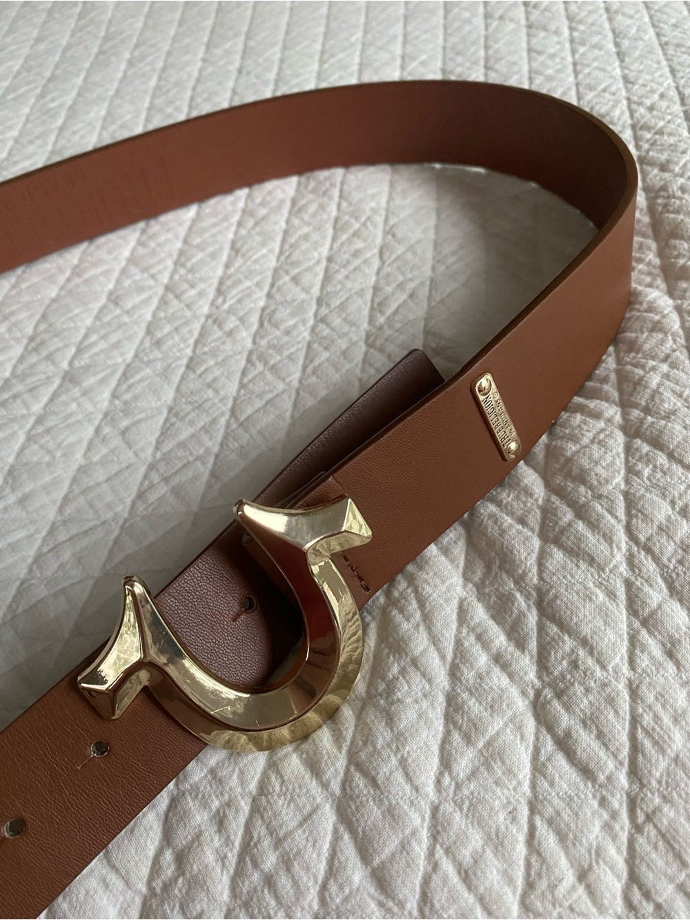 True Religion Western Gold Horseshoe Logo Faux Leather Tan Belt Cowgirl L/XL
